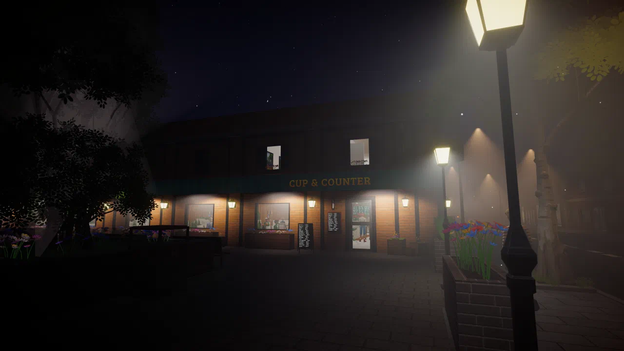 Cup and Counter cafe exterior at night