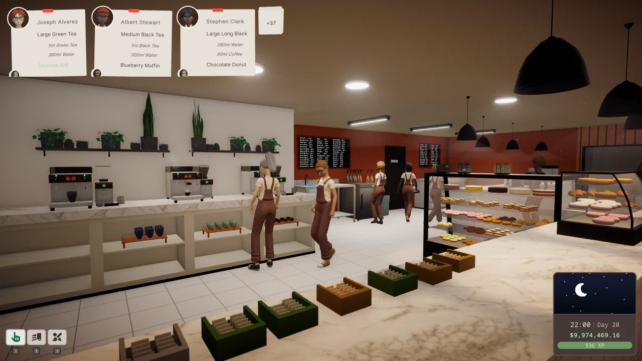 Staff working behind the counter at night